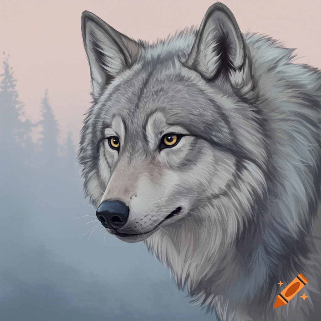 Gray wolf with golden eyes looking left, standing in a misty forest.