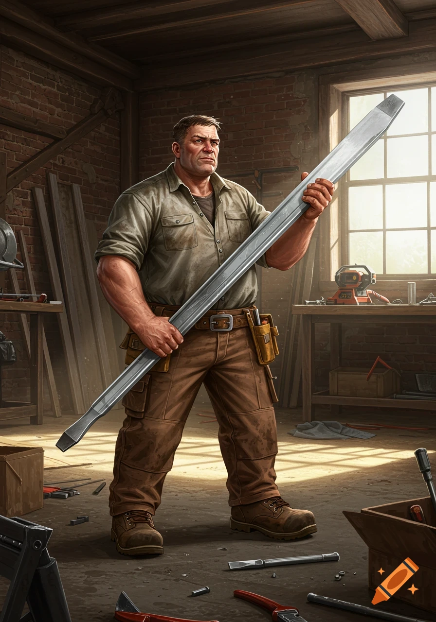 A photorealistic image of a muscular man holding a large metal flathead bar in a rustic workshop, illuminated by sunlight from a window.