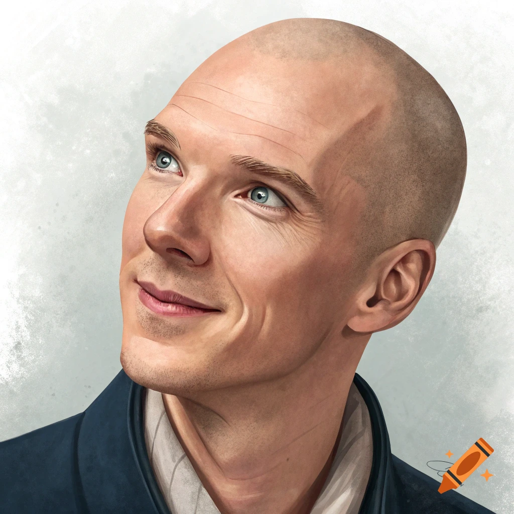 A digital painting portrait of a bald Benedict Cumberbatch looking up and smiling slightly.