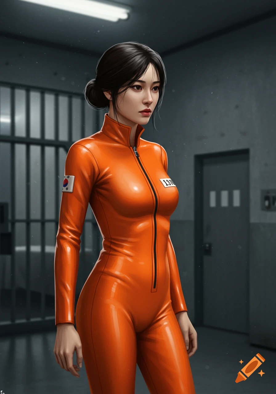 A photorealistic image of a woman in an orange neoprene catsuit standing in a prison cell.