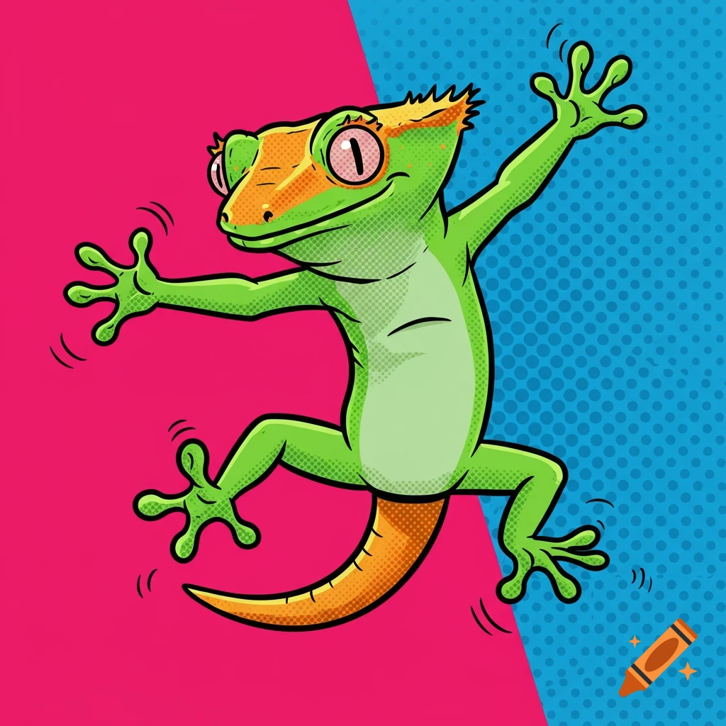 A vibrant green and orange crested gecko cartoon in a dynamic pose, set against a split pink and blue pop art background with halftone dots.