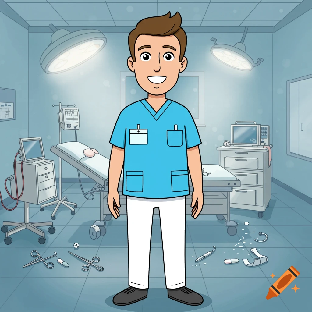 A cartoon nurse in a light blue scrub uniform stands in an operating room.