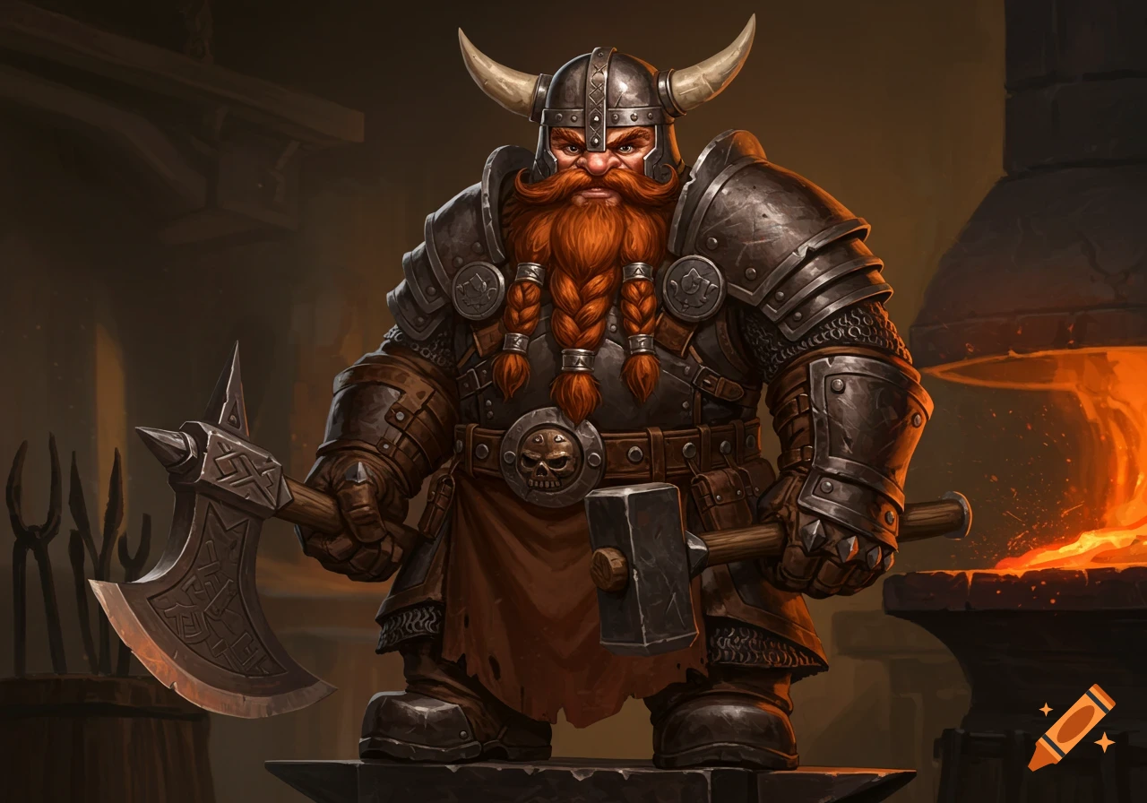 A fierce dwarf warrior with a braided red beard and horned helmet ...