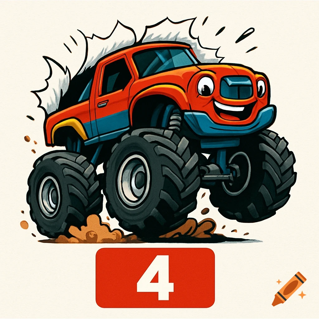 A cartoon monster truck with a happy face, bursting from the page, with a red banner showing the number 4 below it.