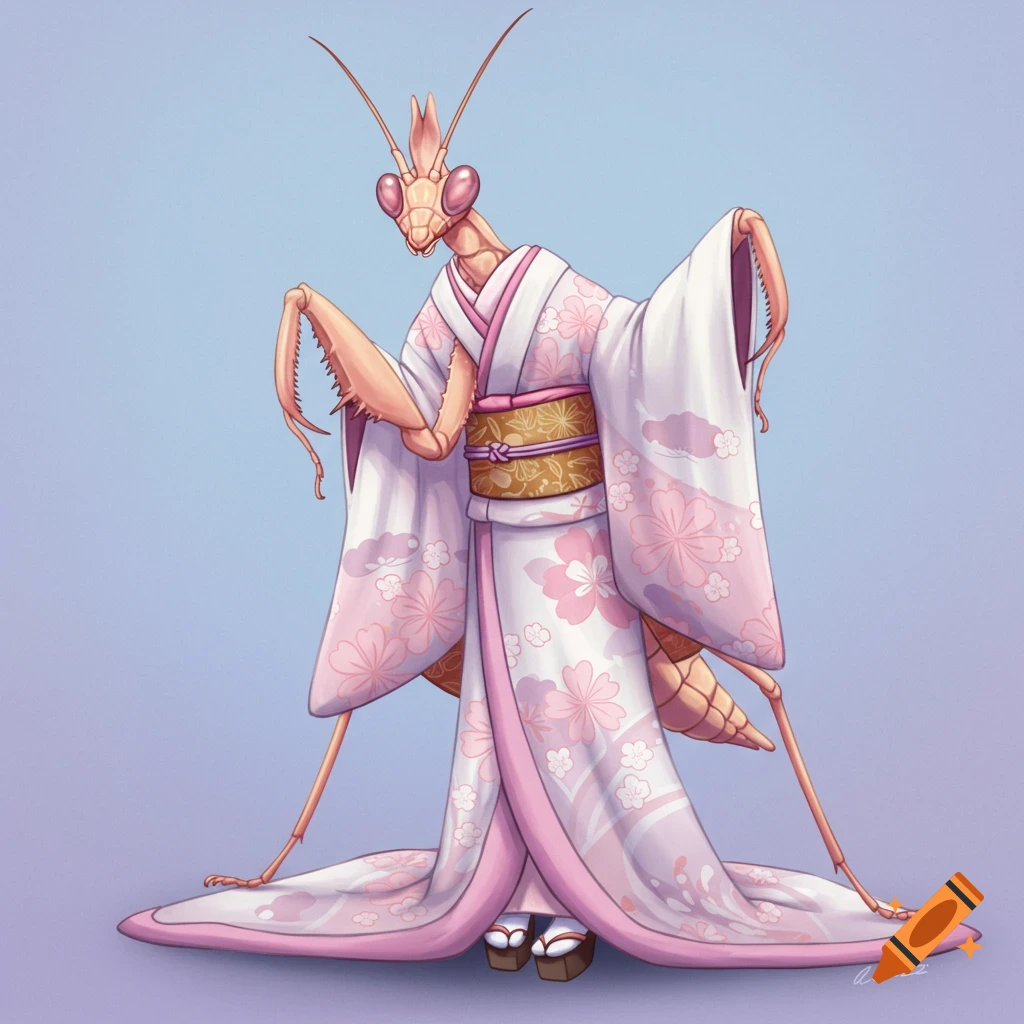 A stylized praying mantis wearing a pink and white kimono with cherry blossom patterns and traditional Japanese sandals, against a blue background.