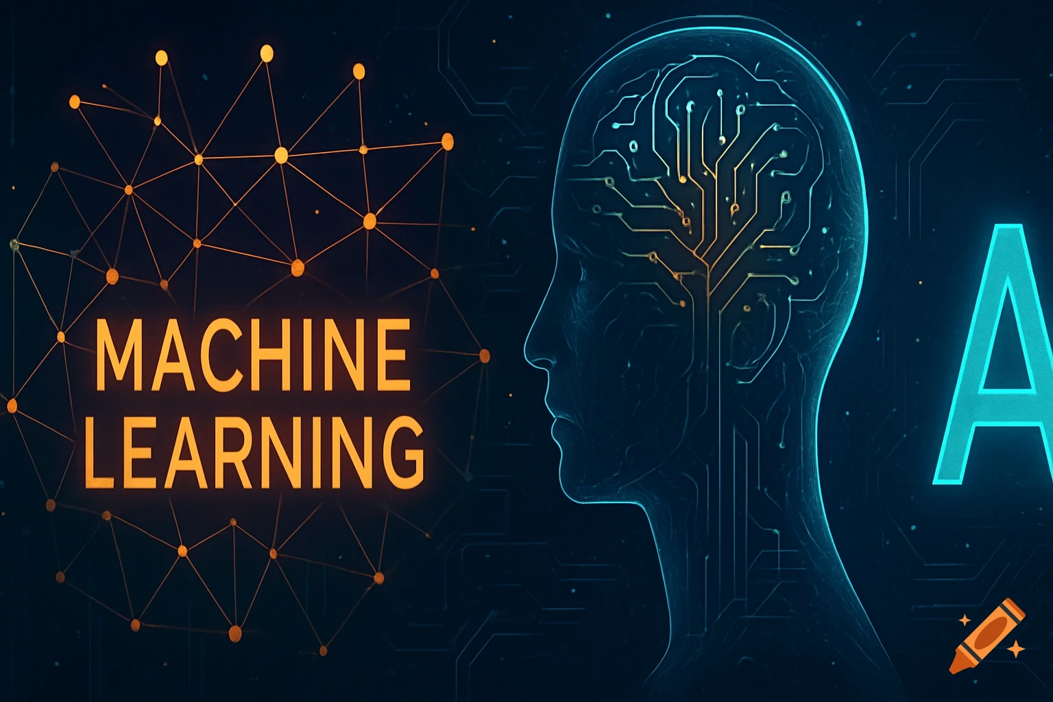 Digital art of 'MACHINE LEARNING' text with a neural network, a human head with a circuit brain, and a large 'A' on a dark tech background.
