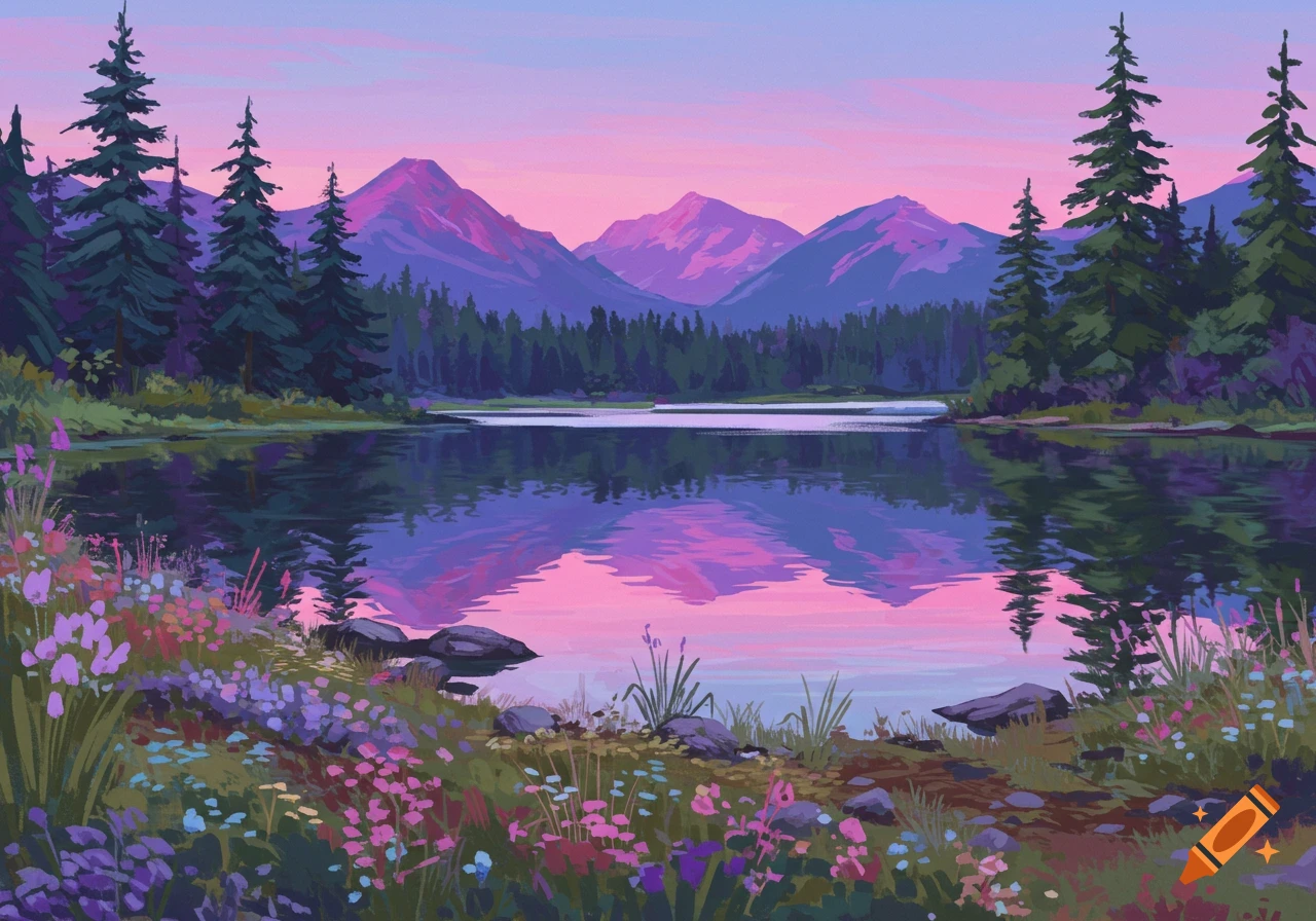 A loose painterly landscape of a serene lake reflecting pink and purple mountains under a pink sky, surrounded by green pine trees and colorful wildflowers.