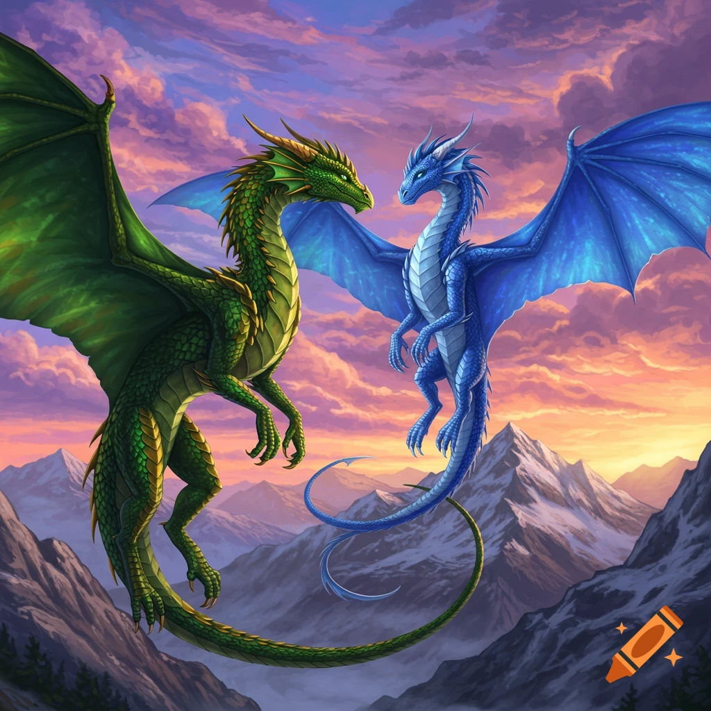 A green dragon and a blue dragon face each other in a vibrant sunset sky over snow-capped mountains.
