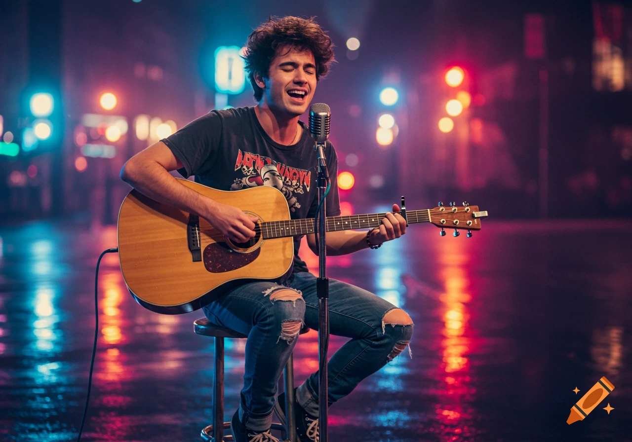 A young man with curly hair sings into a microphone while playing an acoustic guitar, sitting on a stool on a neon-lit wet city street at night.