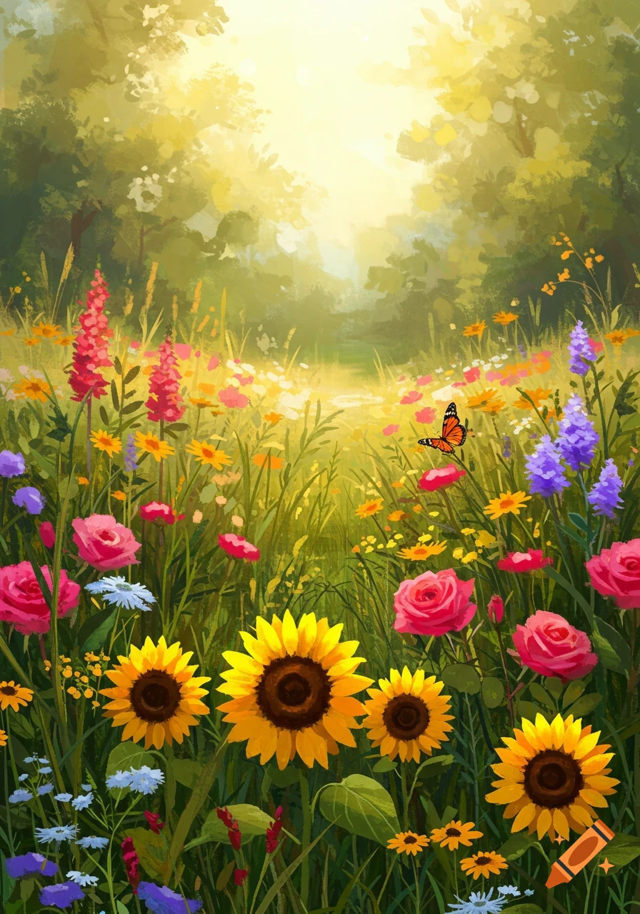 A vibrant, sun-drenched meadow filled with colorful wildflowers, tall green grass, and bright sunflowers, with a butterfly soaring above.