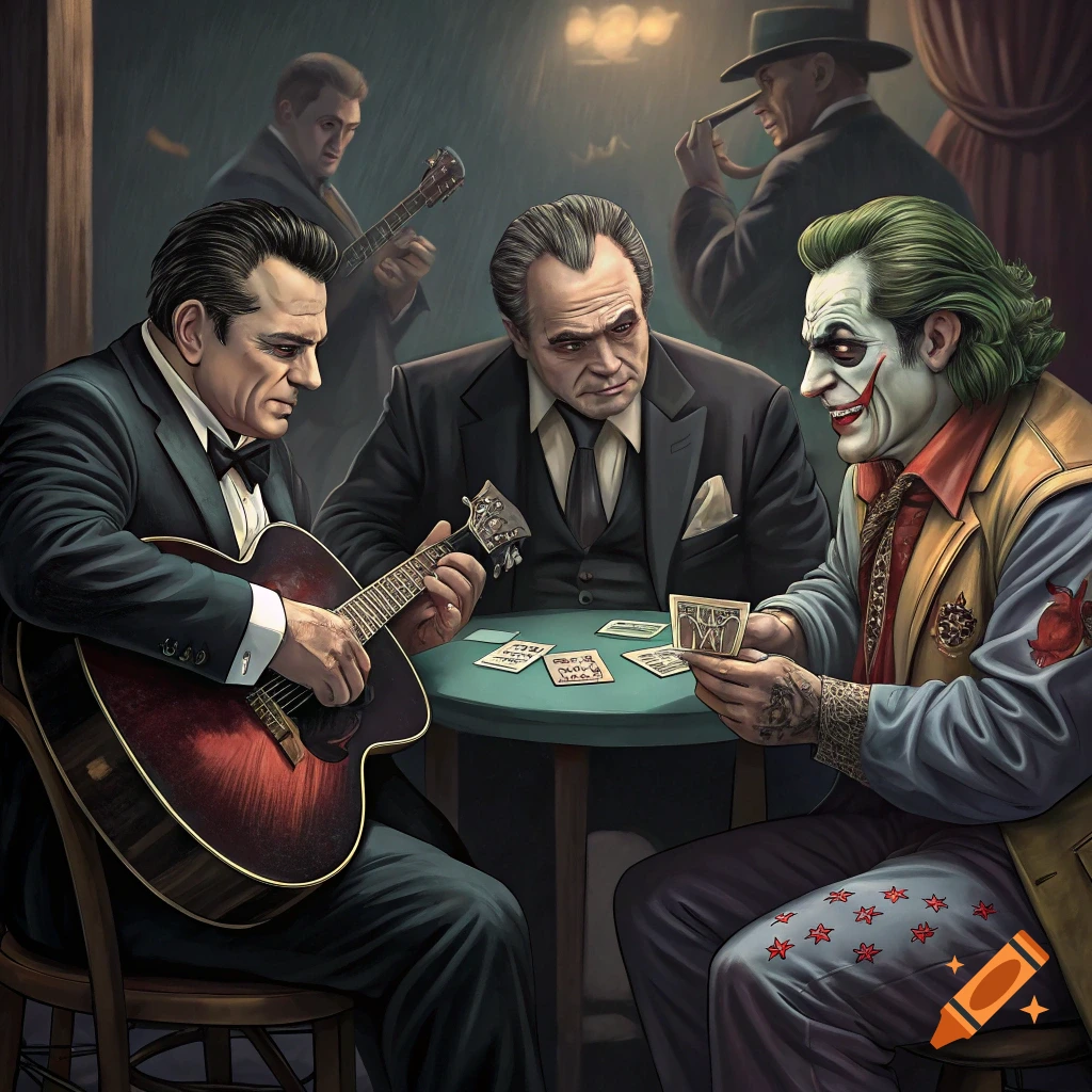 A stylized painting of Johnny Cash playing guitar while Tony Soprano and the Joker play poker at a table.