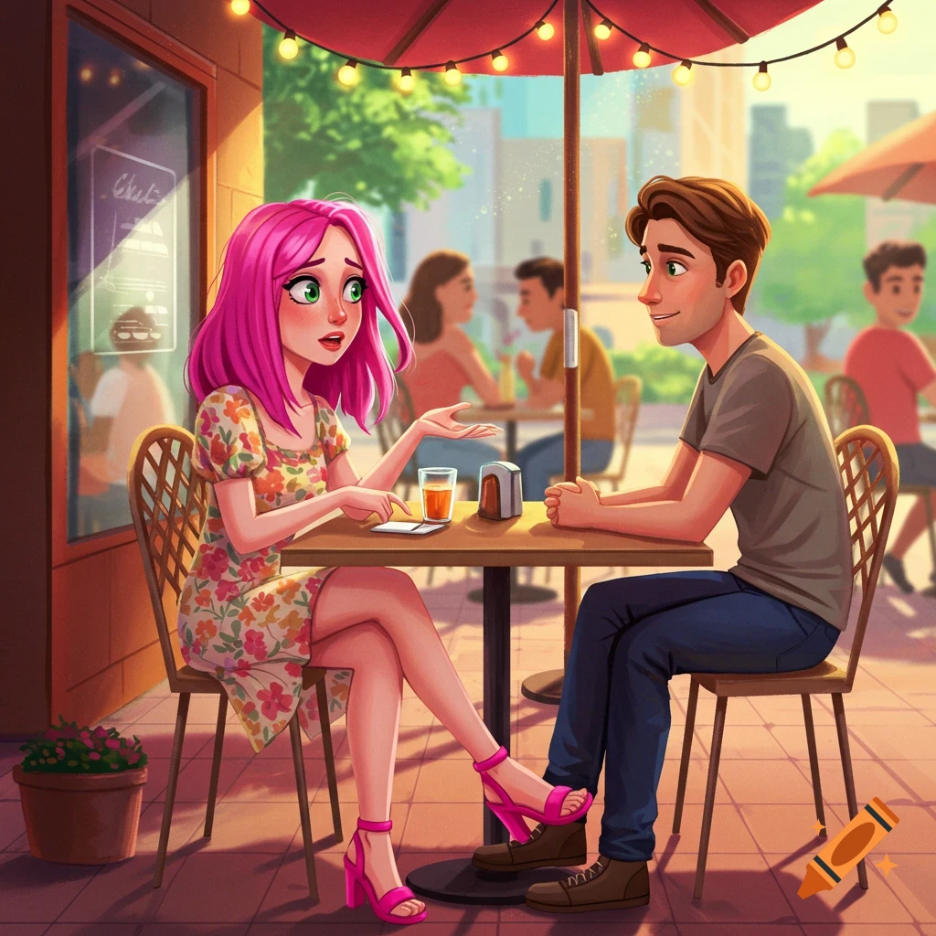 A man and a woman in a cartoon style sit at an outdoor cafe table, talking.