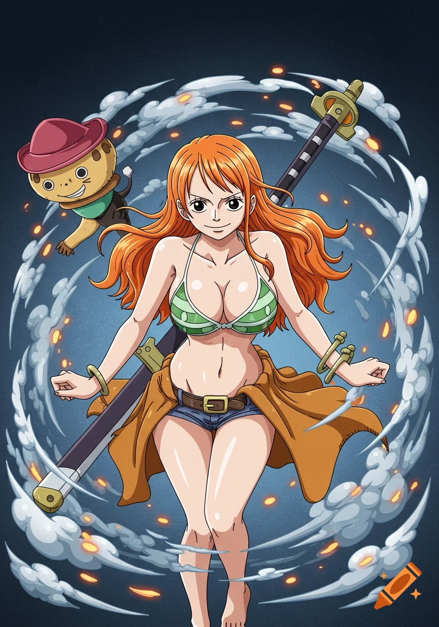 Anime style illustration of Nami from One Piece, wearing a green bikini top and shorts, with a sword behind her, surrounded by swirling smoke.