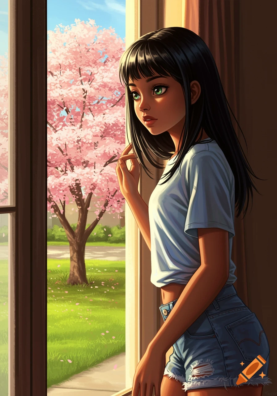 An anime girl with green eyes and black hair looks out a window at a cherry blossom tree.