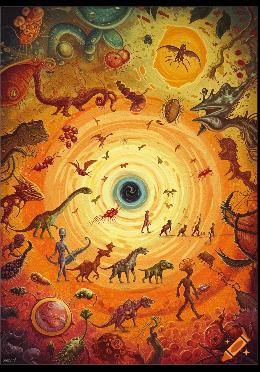 A surreal, stylized depiction of evolution, with diverse creatures and humanoids swirling around a black hole on an orange and yellow landscape.