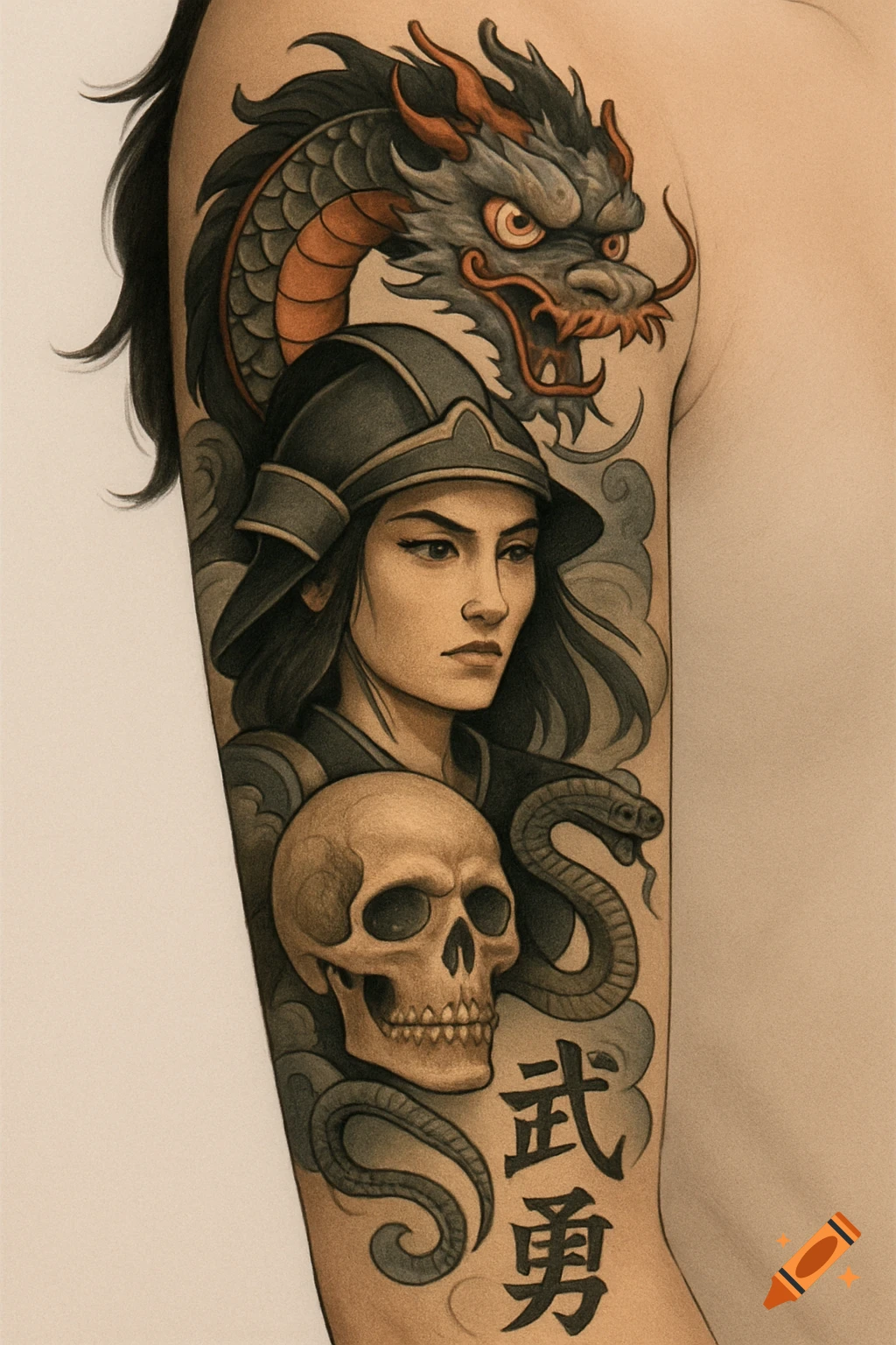 An artistic tattoo sleeve on an arm featuring a grey and orange dragon, a woman in a dark helmet, a skull, a snake, and two black Chinese characters.
