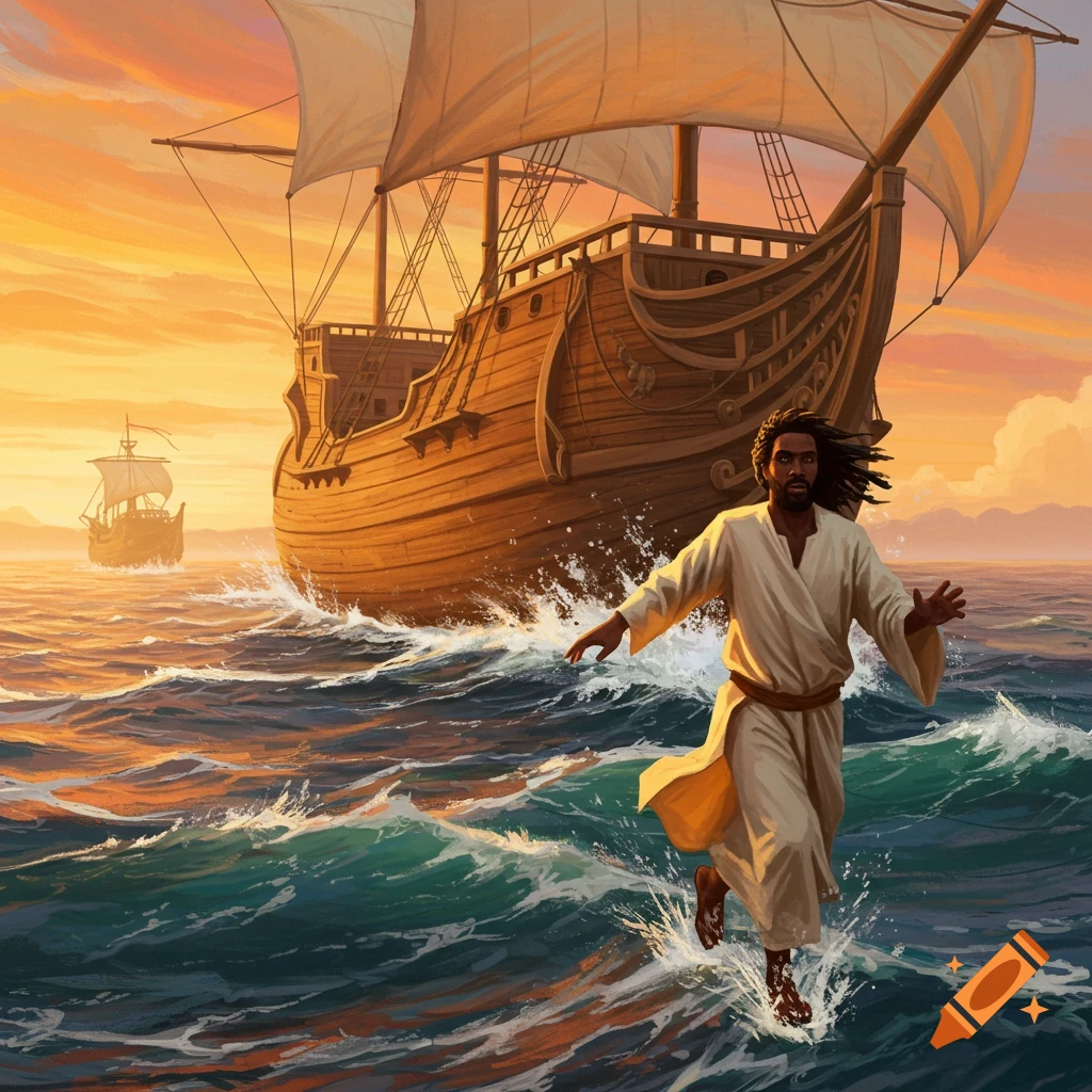 A figure with dark skin and a white robe walks on stormy water towards ...