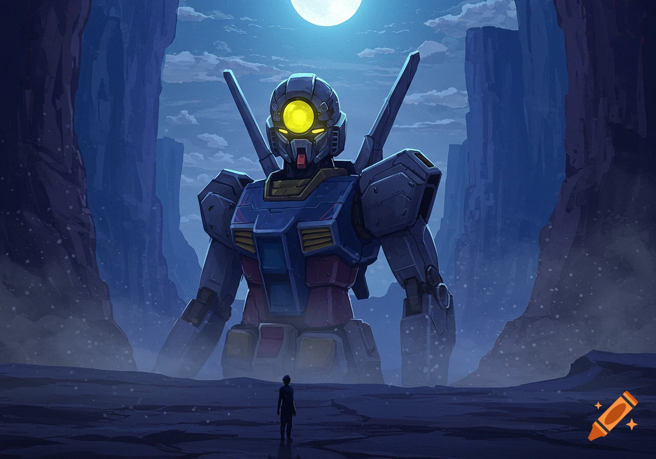 A small human figure stands before a towering blue and red anime mecha with a glowing yellow visor in a moonlit canyon.