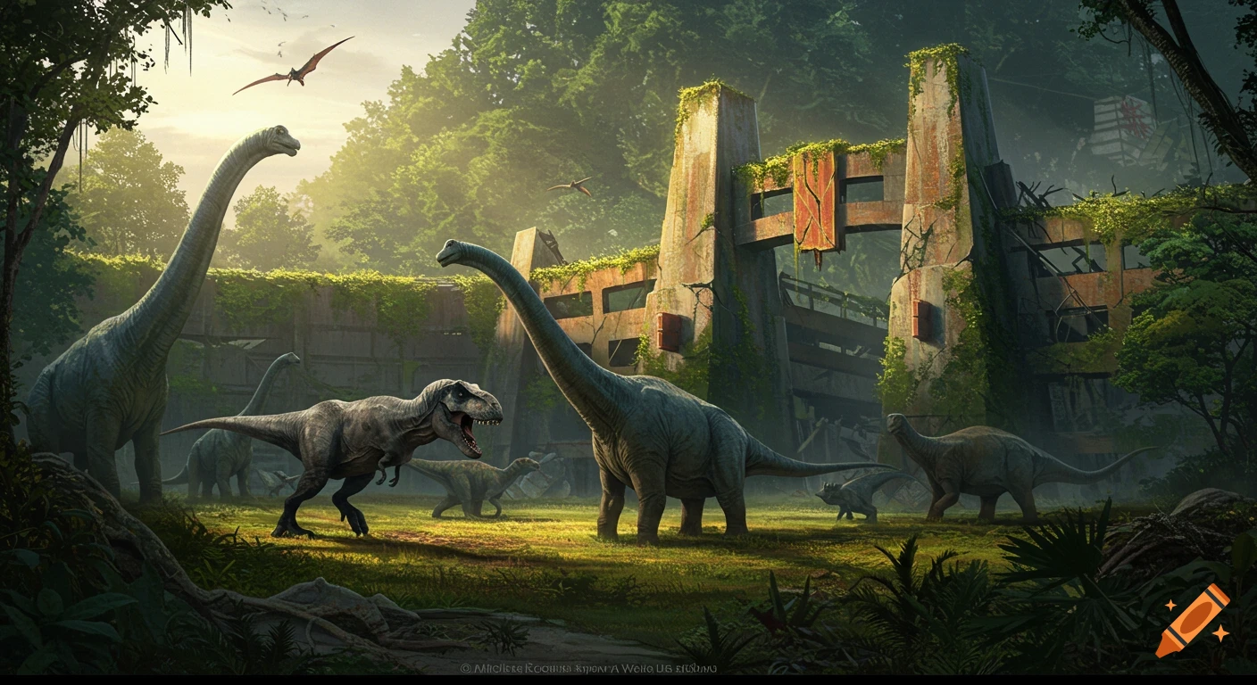 Large dinosaurs including a T-Rex and long-necked brachiosaurus roam an overgrown, abandoned Jurassic Park-like entrance gate under a bright sky.