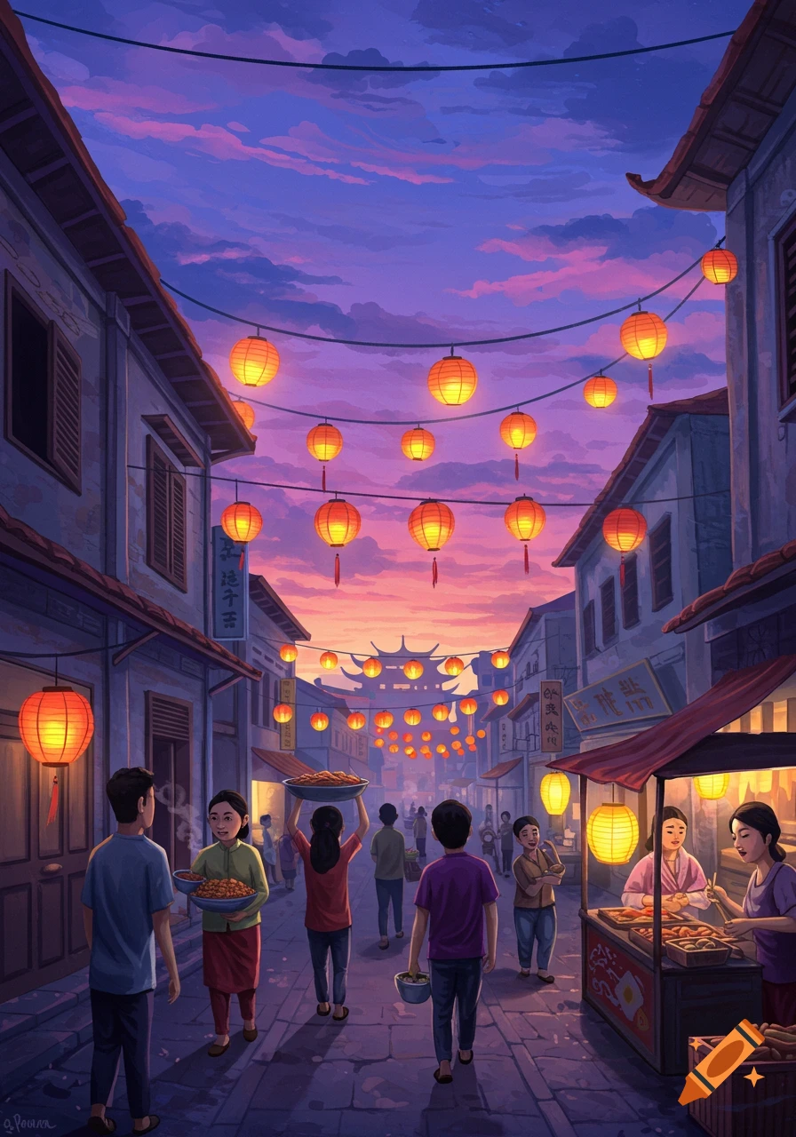 A vibrant digital painting of a bustling Asian street market at sunset, adorned with glowing orange lanterns strung between traditional buildings.