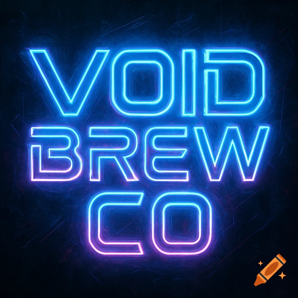 Neon sign with blue and pink glowing text 'VOID BREW CO' on a dark background.