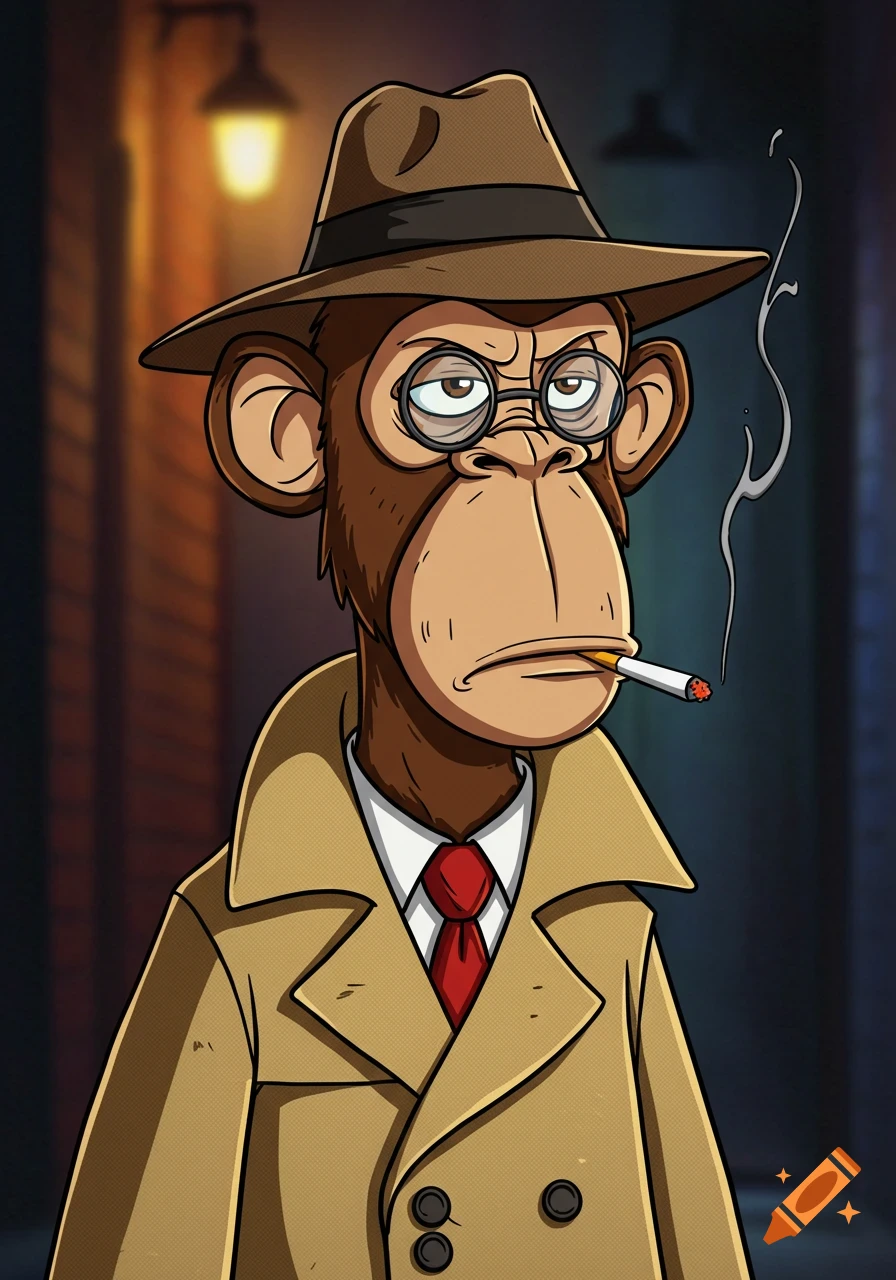 Cartoon monkey detective in a trench coat and fedora, smoking a cigarette in a dimly lit alley.