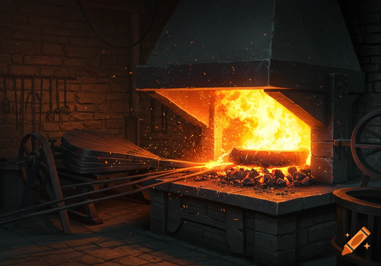 A dark, detailed blacksmith's forge with a bright, glowing fire, hot metal, and a bellows. Sparks fly from the intense heat.
