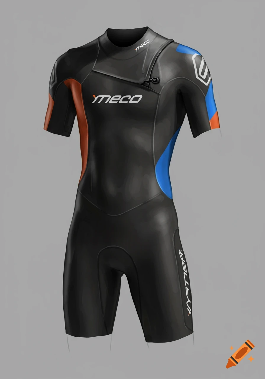 A black, orange, and blue short-sleeved wetsuit with text labels, displayed against a grey background.