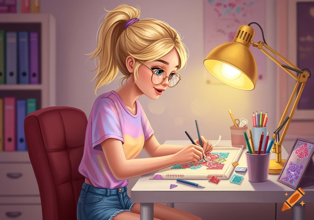 A blonde cartoon girl with glasses and a ponytail sits at a desk, focused on doing diamond art under a desk lamp.