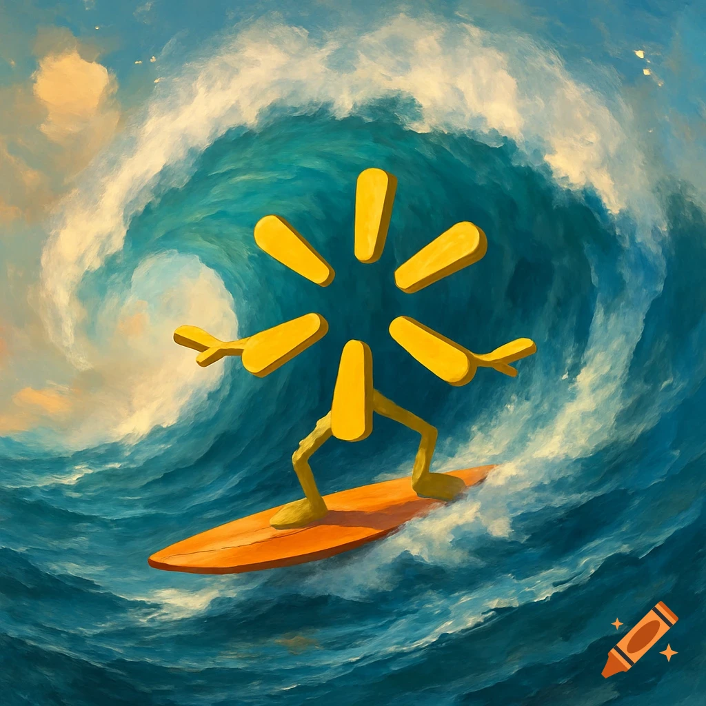 Yellow Walmart spark logo, transformed into a figure, surfs on a large blue ocean wave in a painterly style.