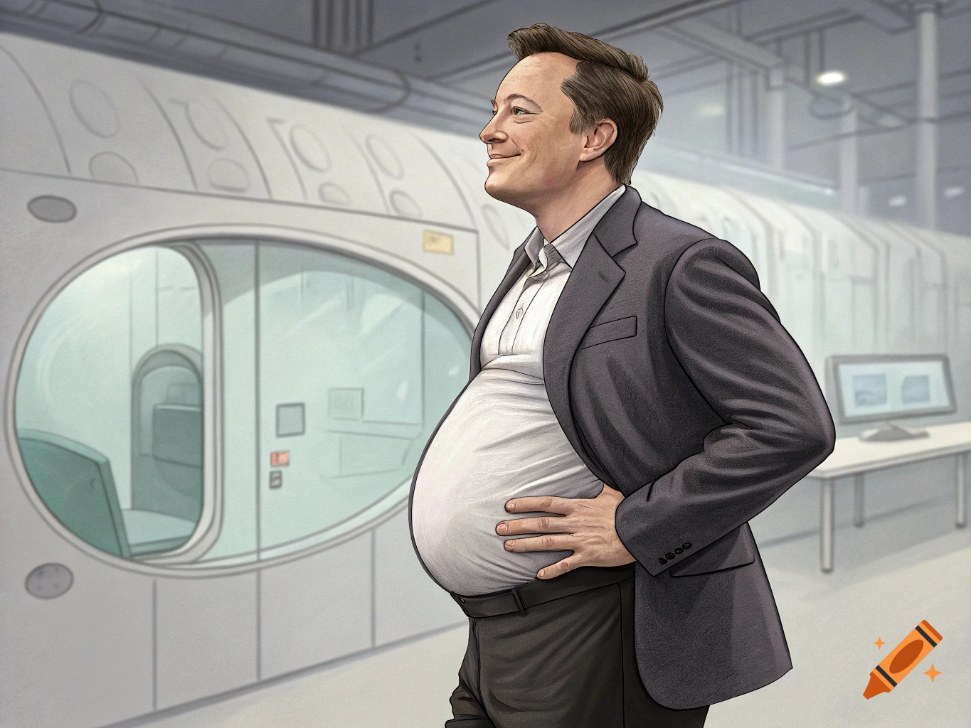 An illustration of a smiling Elon Musk with a large pregnant belly, wearing a suit jacket and white shirt, standing in a futuristic white facility.