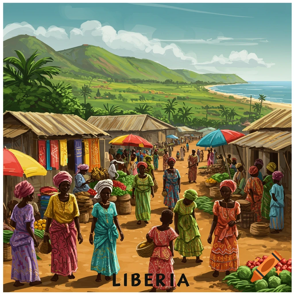 A vibrant illustration of an outdoor market with people and stalls, set against green mountains and a blue ocean, with 'LIBERIA' text.