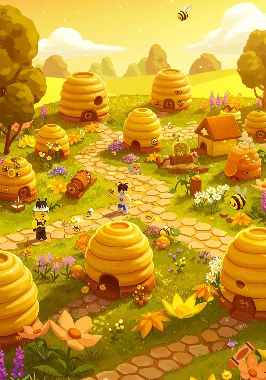 A vibrant, stylized garden filled with beehives, characters, and bees, under a golden sky, resembling a Roblox layout.