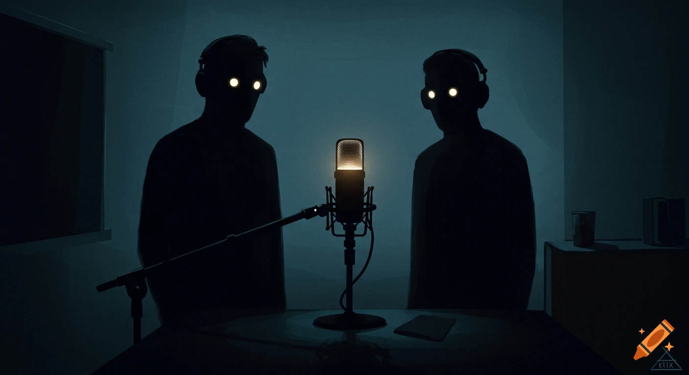 Two shadowy figures with glowing eyes wear headphones, standing on either side of a brightly lit podcast microphone in a dark room.