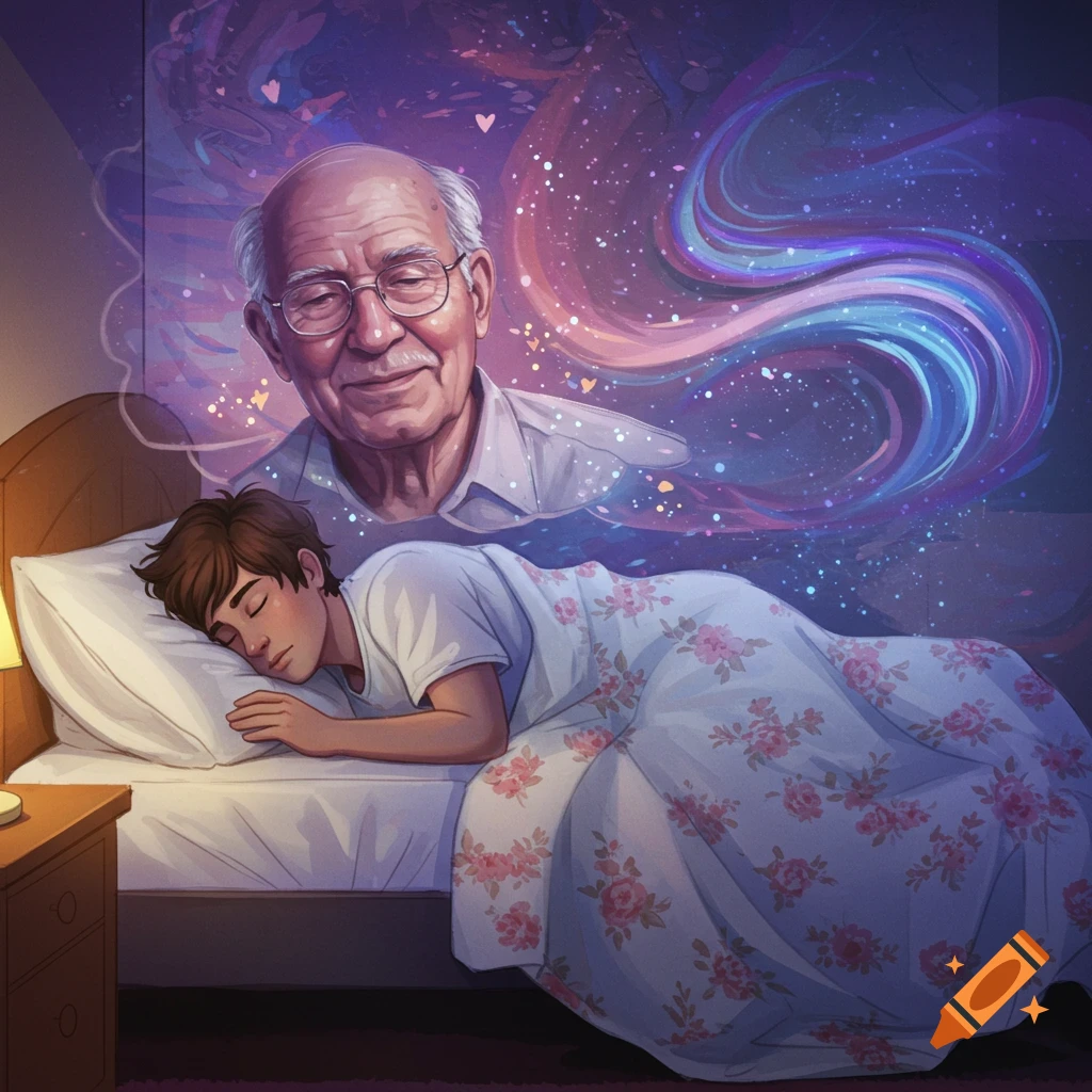 An illustration of a young person sleeping, dreaming of an older man's head above with swirling purple and blue light.