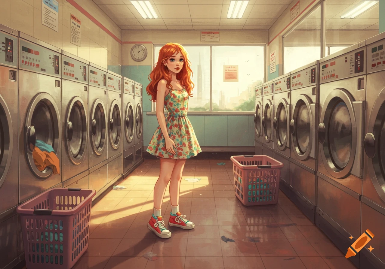 An anime-style illustration of a girl with long red hair wearing a floral dress and sneakers standing in a bright laundromat.