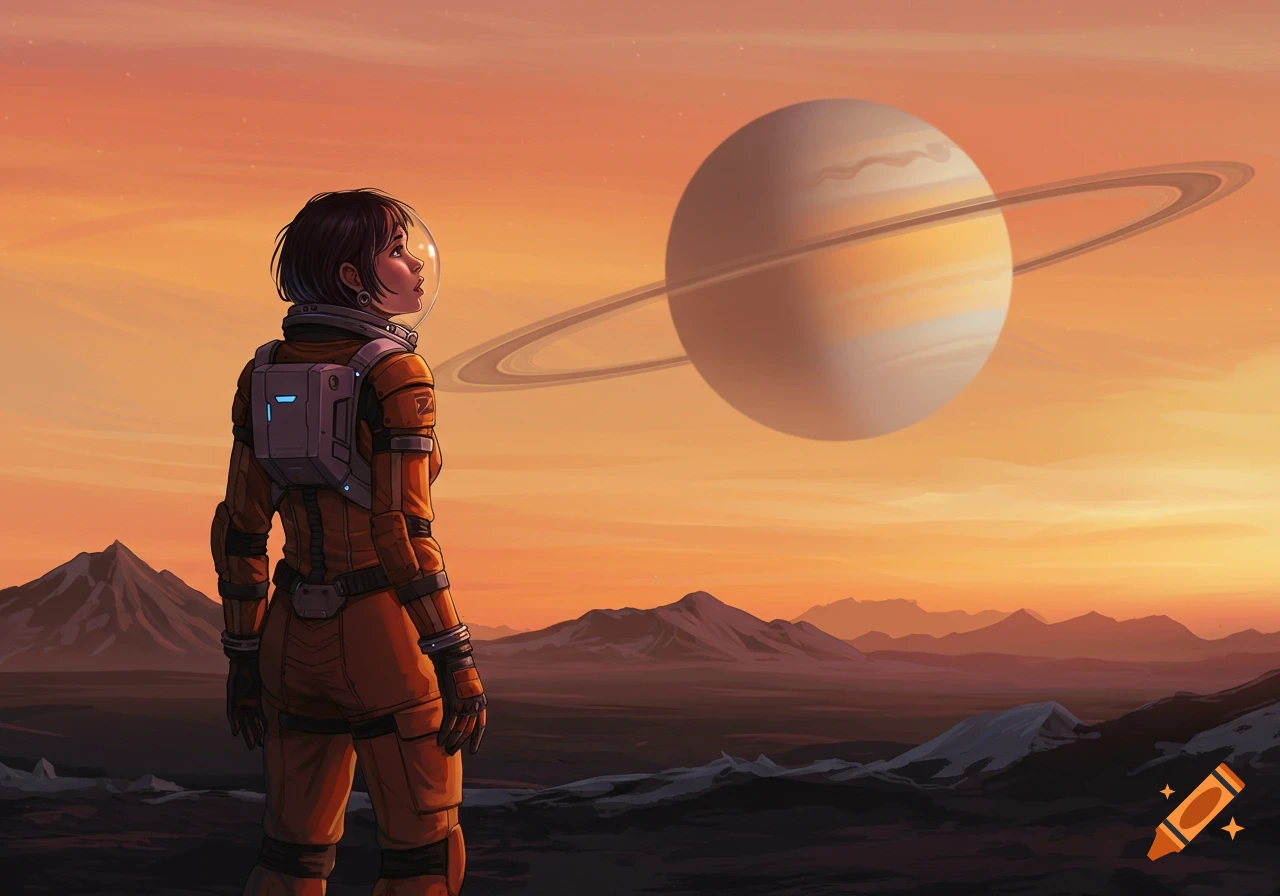 An astronaut in an orange suit stands on a barren, rocky alien landscape, looking up at a large ringed planet in an orange sky.