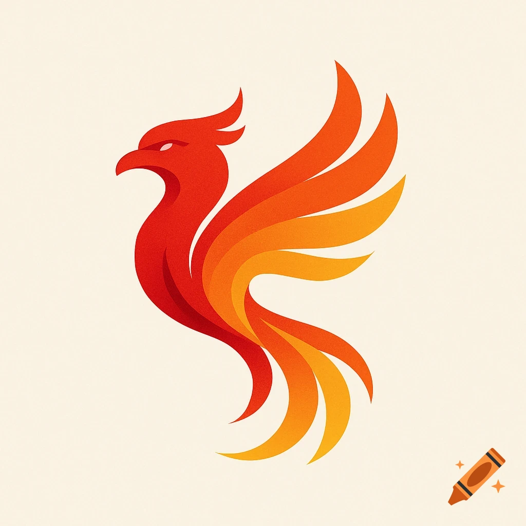 Stylized red, orange, and yellow phoenix bird logo on a light background.