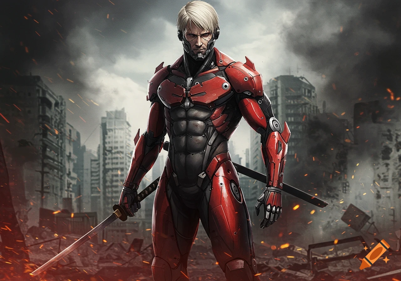 A blond cyborg in a red and black armored suit holding a katana stands in a ruined city with smoke and embers, digital art.