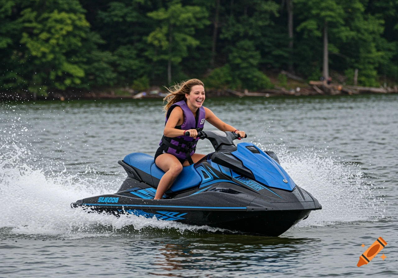 A happy young woman in a purple life jacket rides a blue and black jet ski on a lake, creating a large wake.