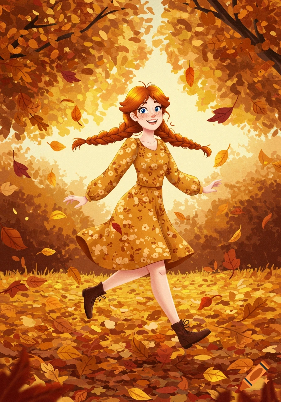A cheerful cartoon girl with red braided hair, wearing a floral dress, skips through a vibrant autumn forest filled with falling leaves.