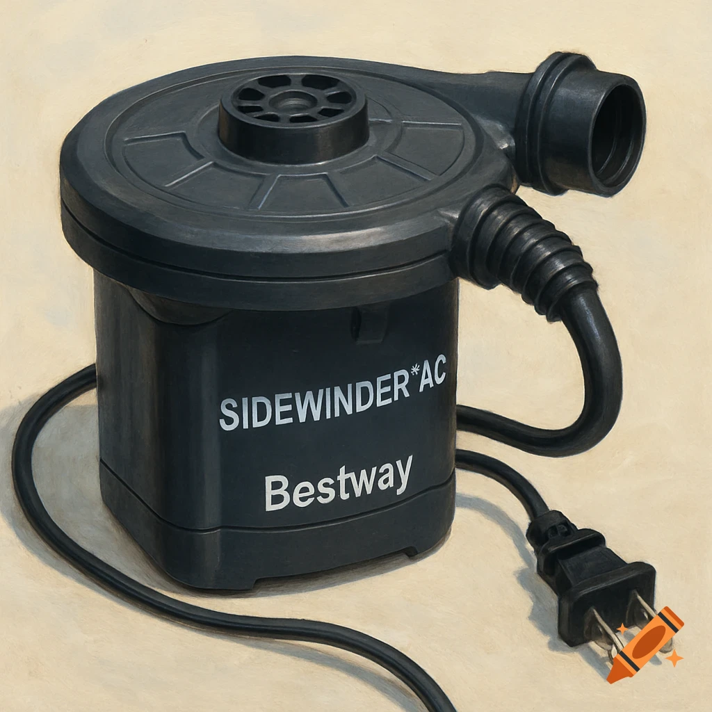 A detailed painting of a black Bestway Sidewinder AC electric air pump with a power cord and plug, on a beige surface.