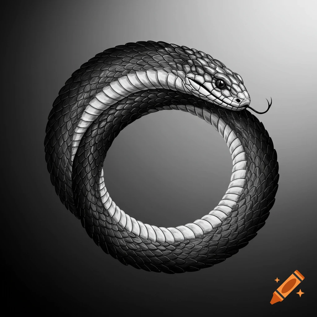 Black and white illustration of an ouroboros, a snake eating its tail, against a dark background.