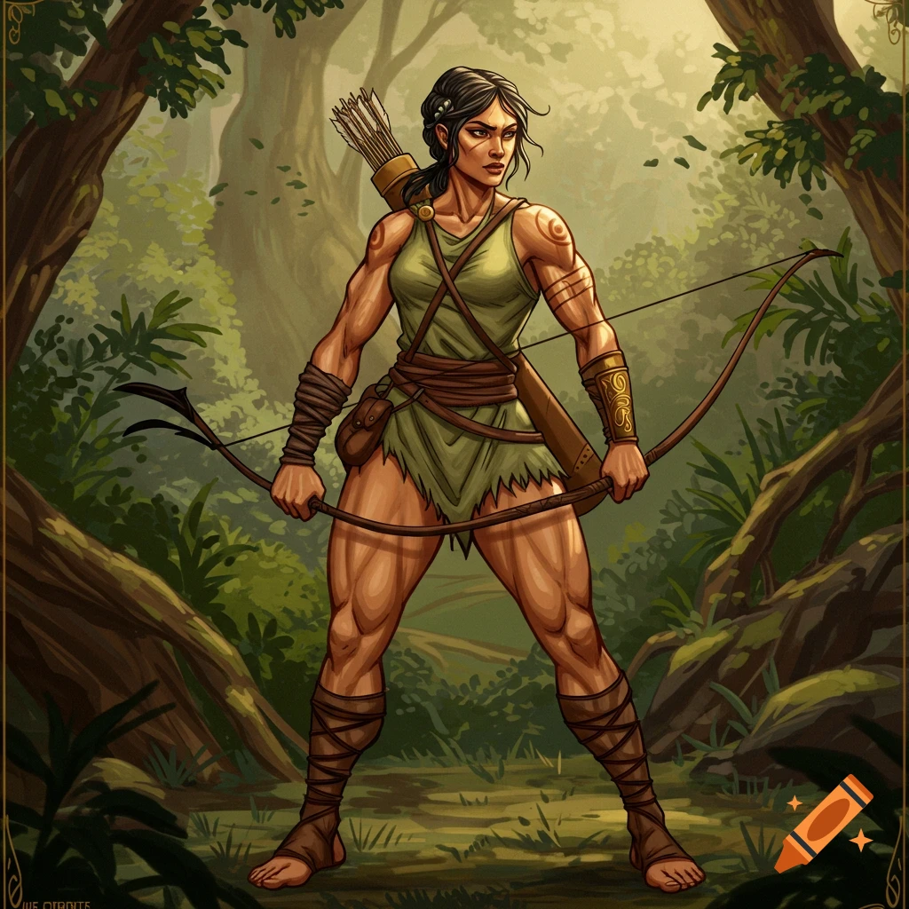 A muscular female archer in green clothing holds a bow in a lush forest, with a quiver of arrows on her back, in a comic-book art style.