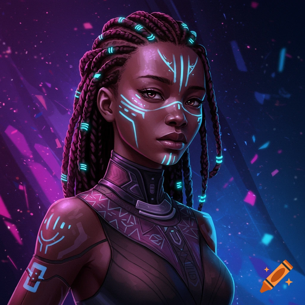 A close-up portrait of a futuristic African woman with glowing tribal markings on her face and intricate braids with neon beads, set against a dark, neon-lit background.