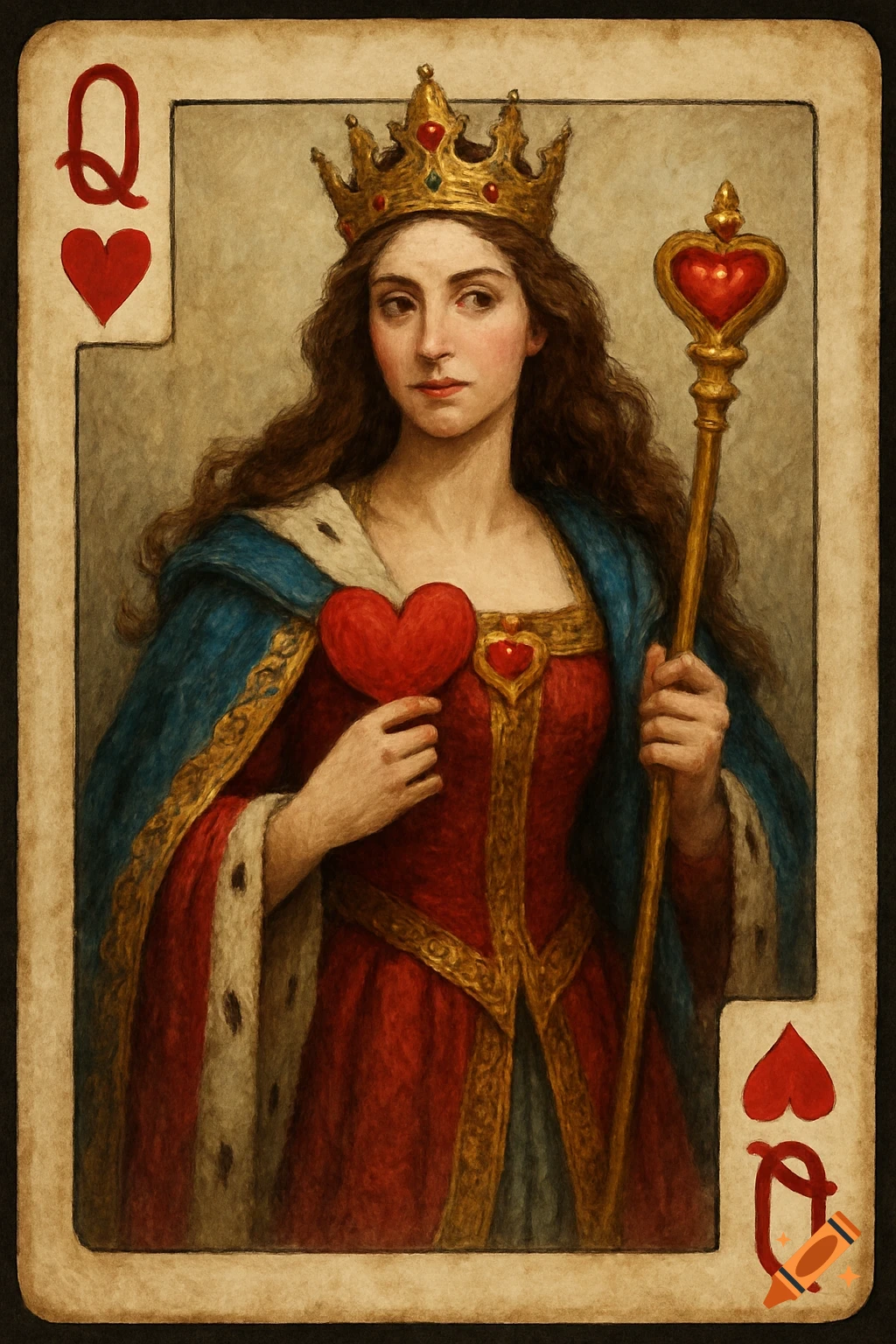 A stylized oil painting of the Queen of Hearts playing card, featuring a regal woman holding a heart and scepter.
