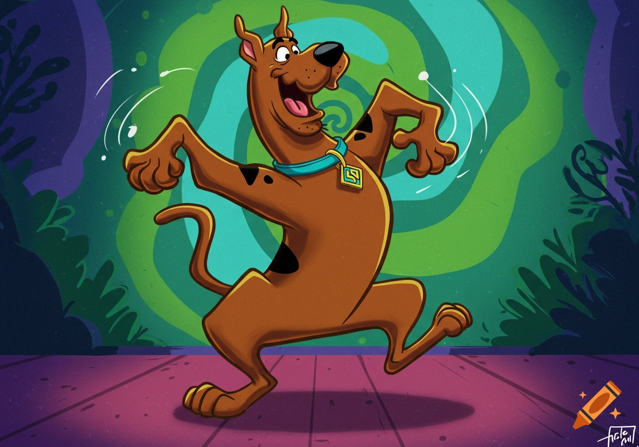 Scooby Doo happily dancing on a wooden floor against a vibrant, swirling green and blue background in a cartoon style.