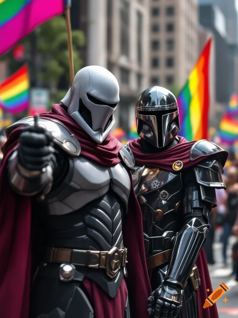 Two armored figures, one resembling General Grievous and one Mandalorian-like, at a vibrant gay pride parade with rainbow flags.
