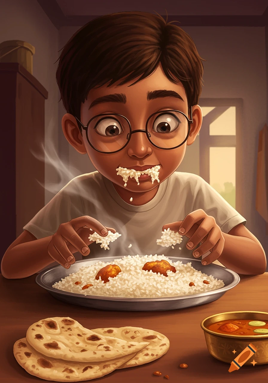A cartoon boy with glasses messily eats a large plate of rice, with naan and curry on the table.