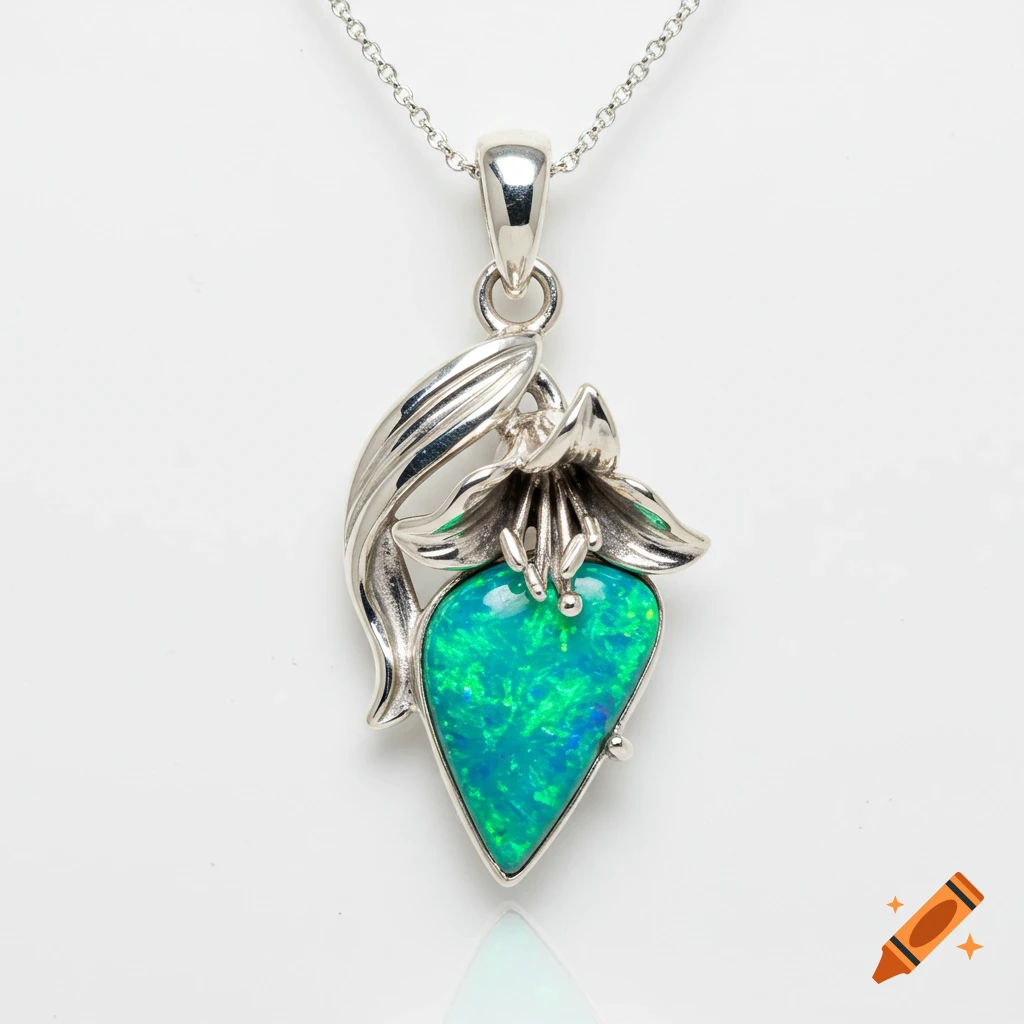 A sterling silver pendant with a tear-shaped Swiss green opal and a lily flower design on a white background.